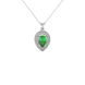 Pear shape emerald green gemstone pendant, white gold falling edge halo setting.
