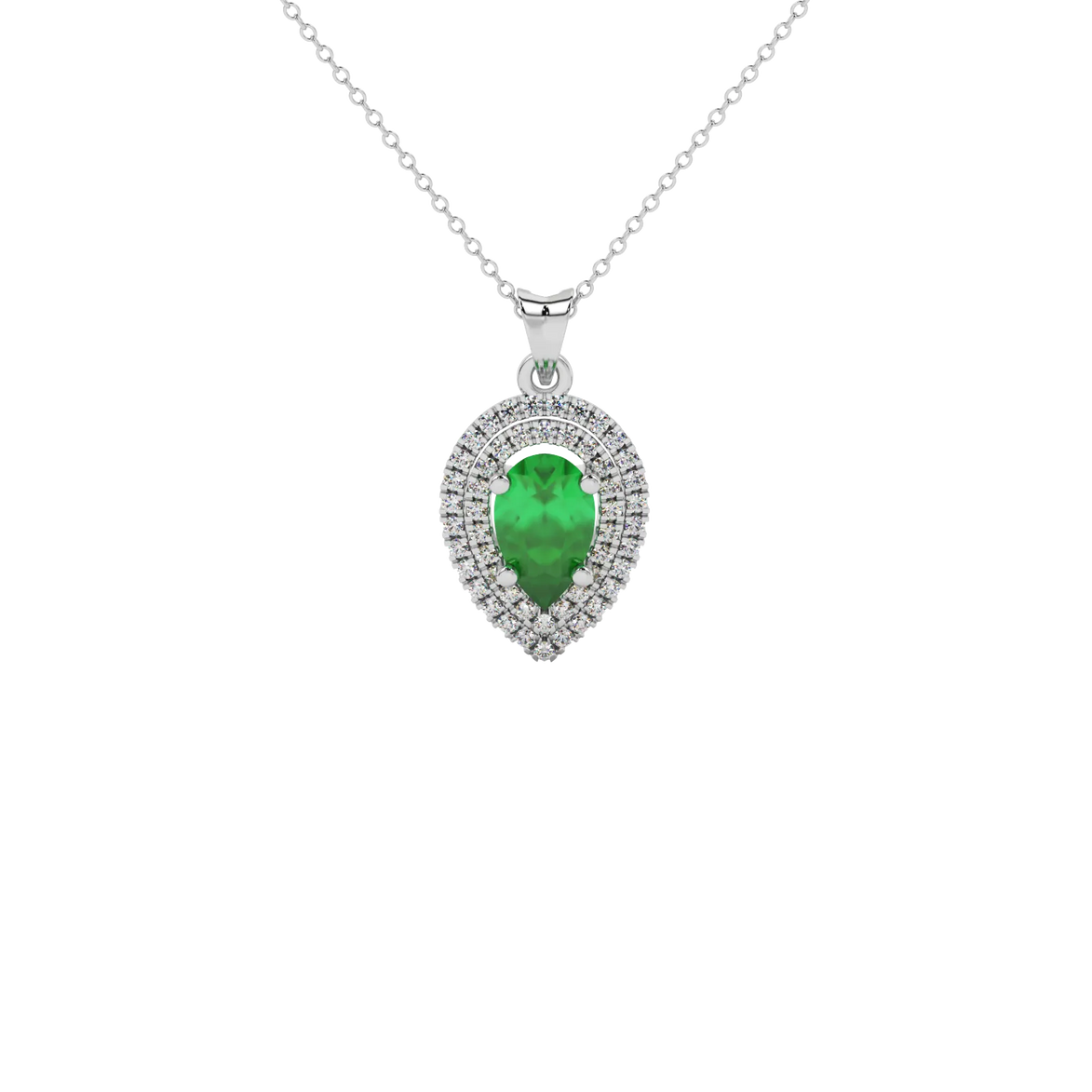 Pear shape emerald green gemstone pendant, white gold falling edge halo setting.