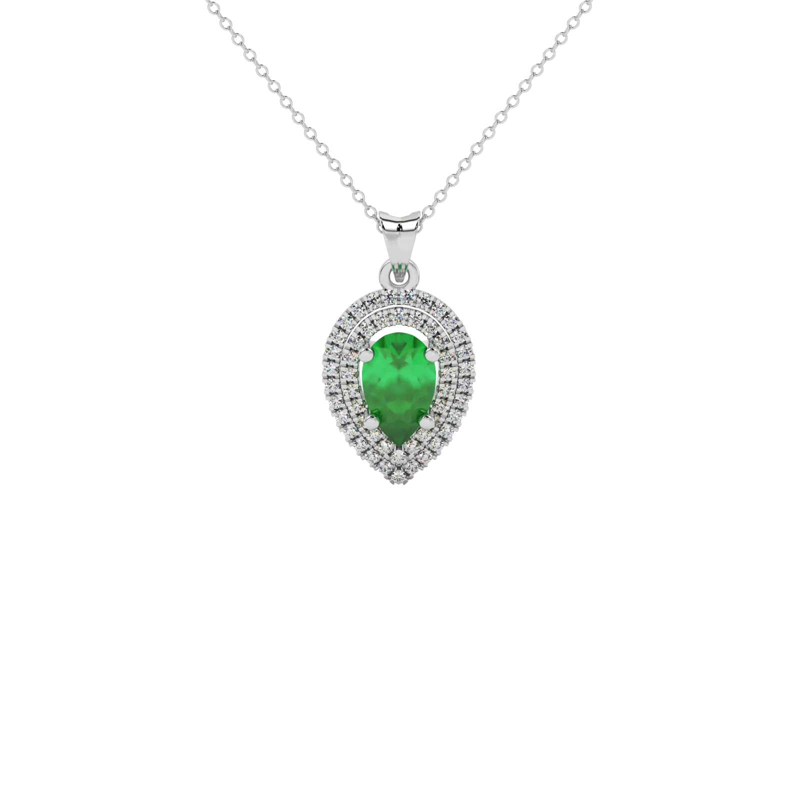 Pear shape emerald green gemstone pendant, white gold falling edge halo setting.