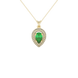 Pear shape emerald green gemstone pendant, yellow gold falling edge halo setting.