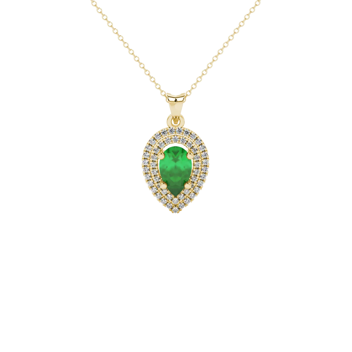 Pear shape emerald green gemstone pendant, yellow gold falling edge halo setting.
