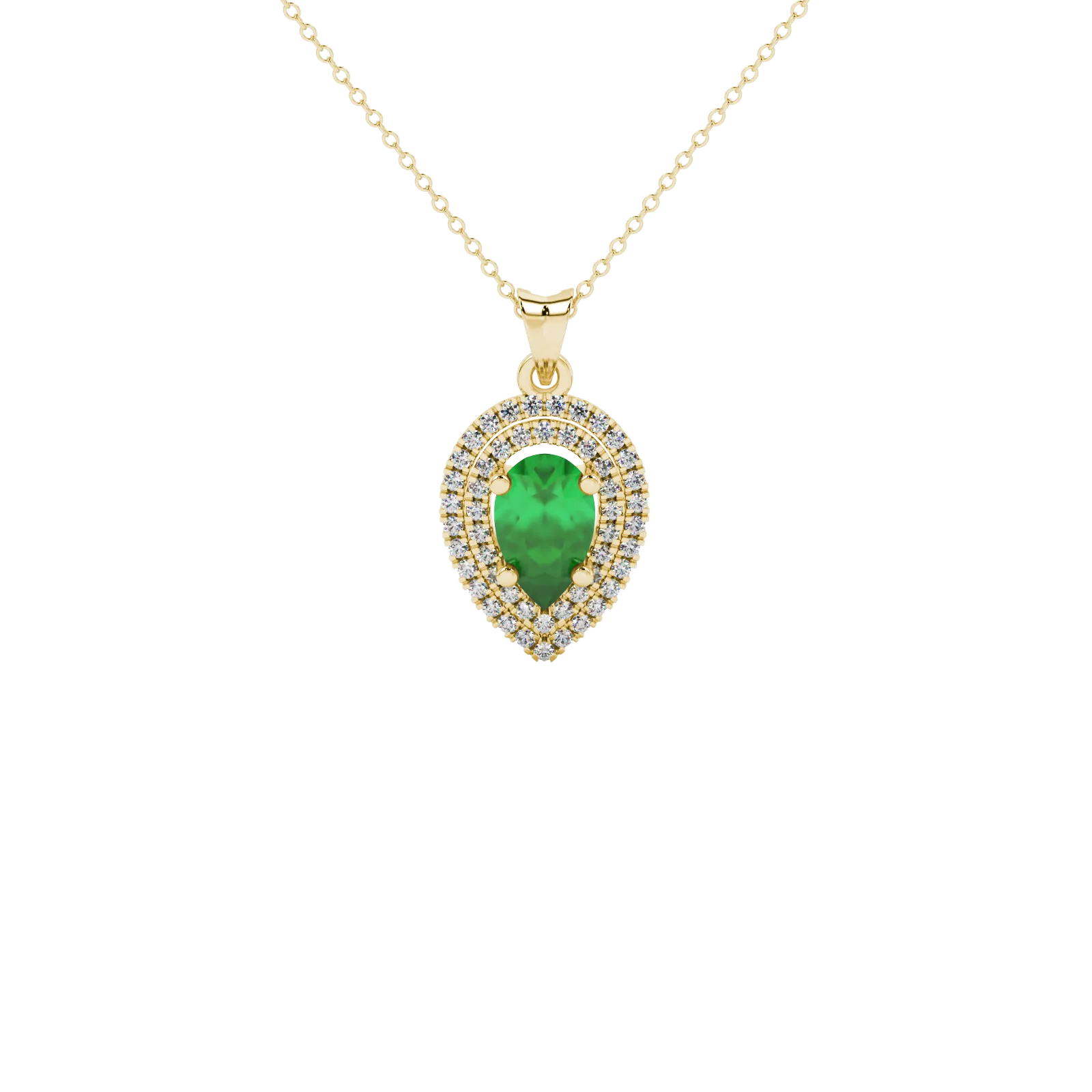 Pear shape emerald green gemstone pendant, yellow gold falling edge halo setting.