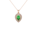 Pear shape emerald green gemstone pendant, rose gold falling edge halo setting.