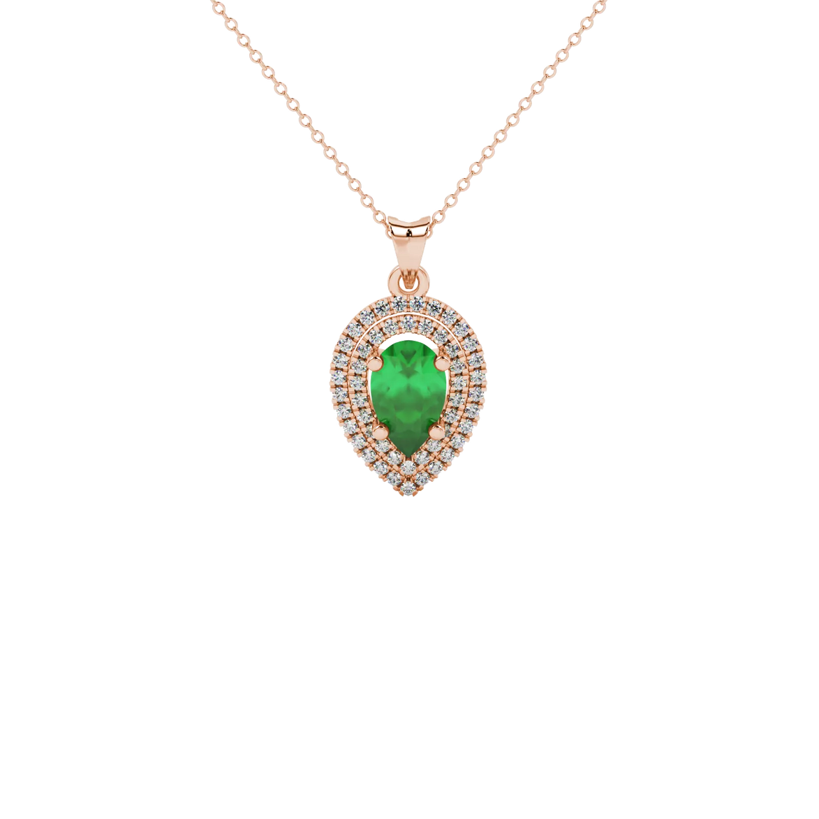 Pear shape emerald green gemstone pendant, rose gold falling edge halo setting.
