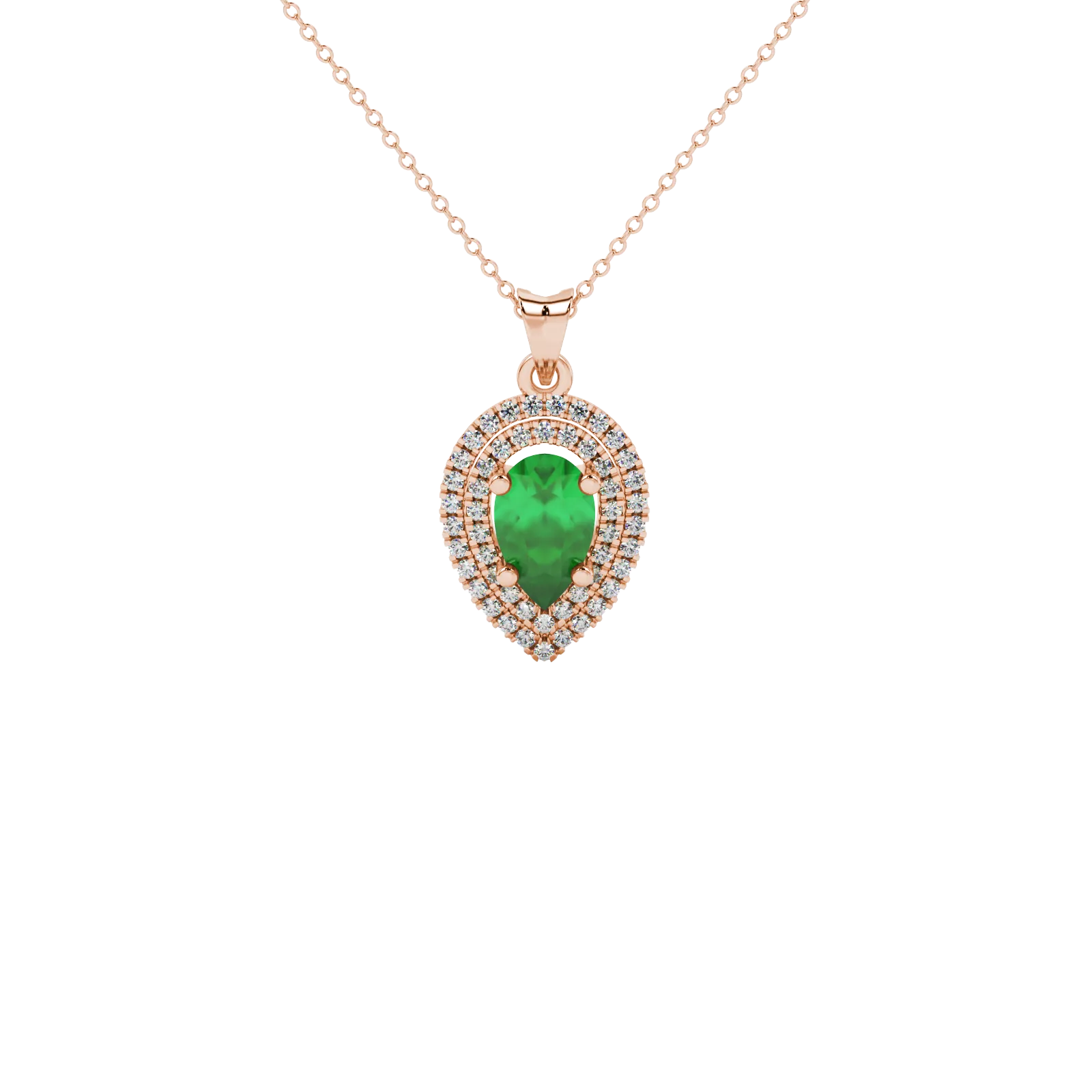 Pear shape emerald green gemstone pendant, rose gold falling edge halo setting.
