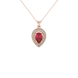 Pear shape raspberry red gemstone pendant, rose gold falling edge halo setting.