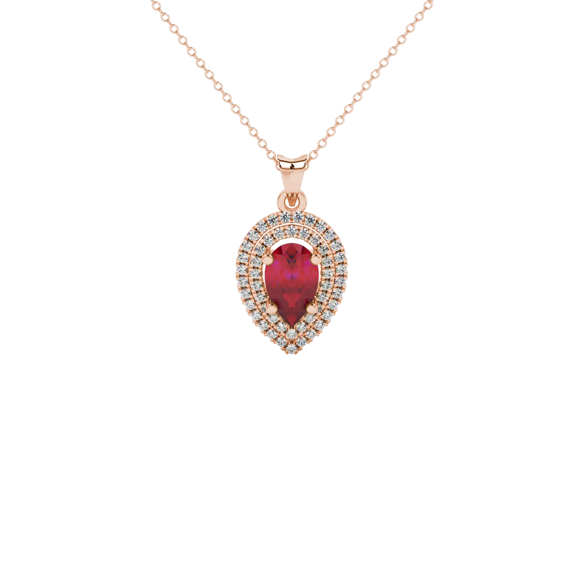 Pear shape raspberry red gemstone pendant, rose gold falling edge halo setting.