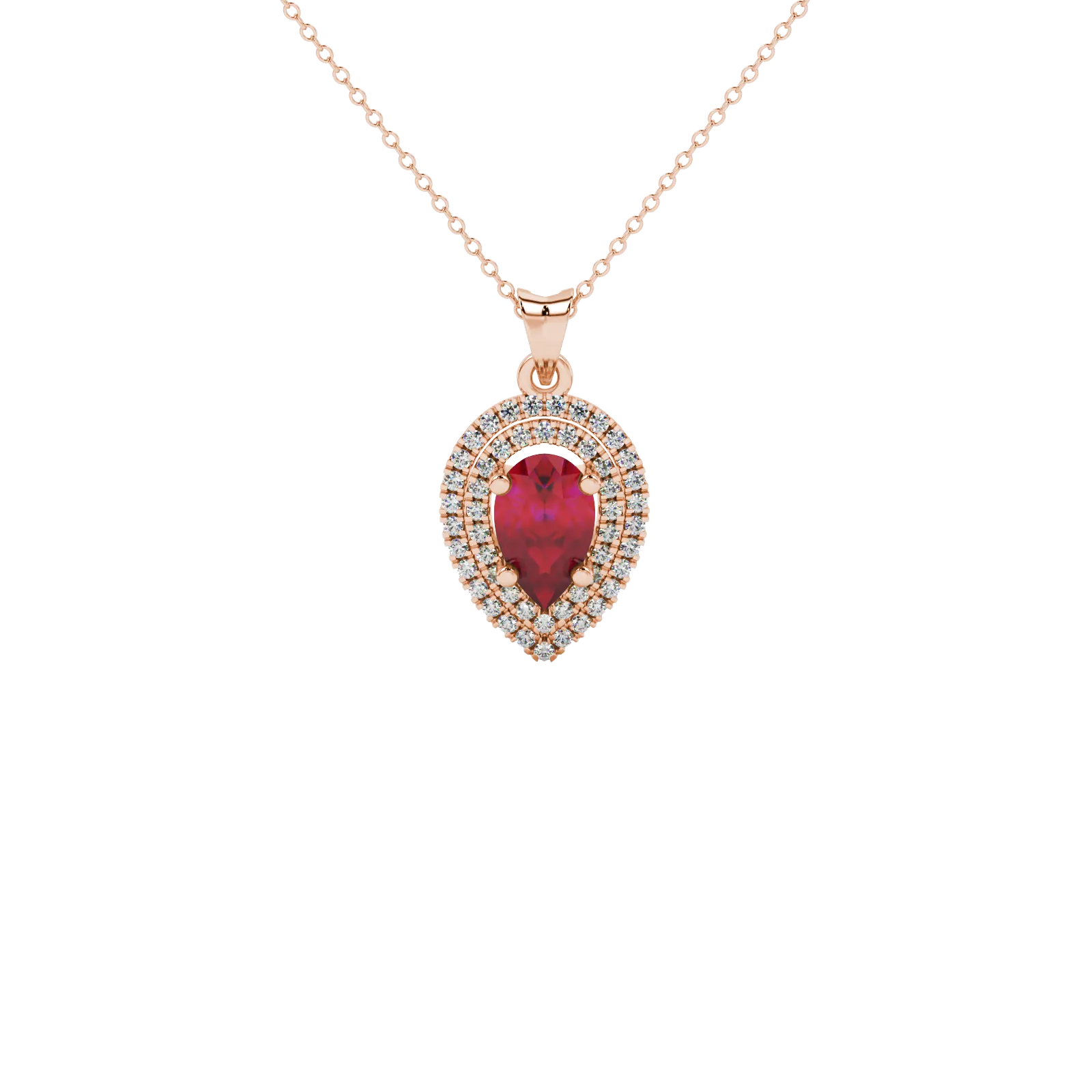 Pear shape raspberry red gemstone pendant, rose gold falling edge halo setting.