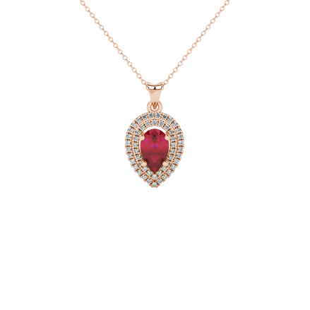 Pear shape raspberry red gemstone pendant, rose gold falling edge halo setting.