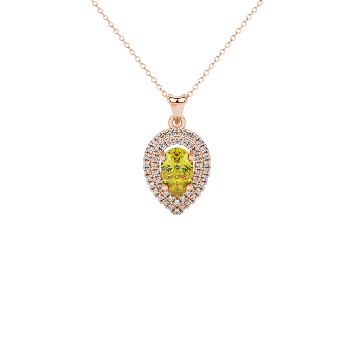 Pear shape canary yellow gemstone pendant, rose gold falling edge halo setting.
