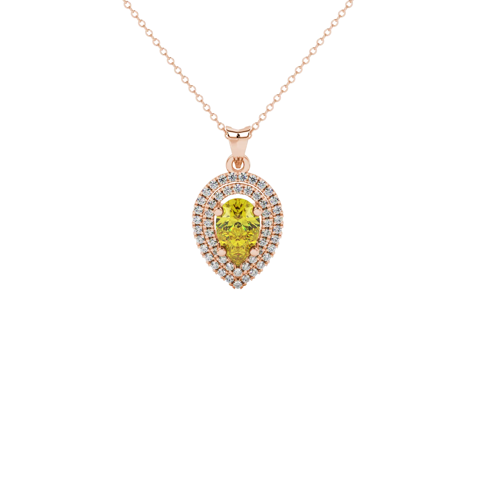 Pear shape canary yellow gemstone pendant, rose gold falling edge halo setting.