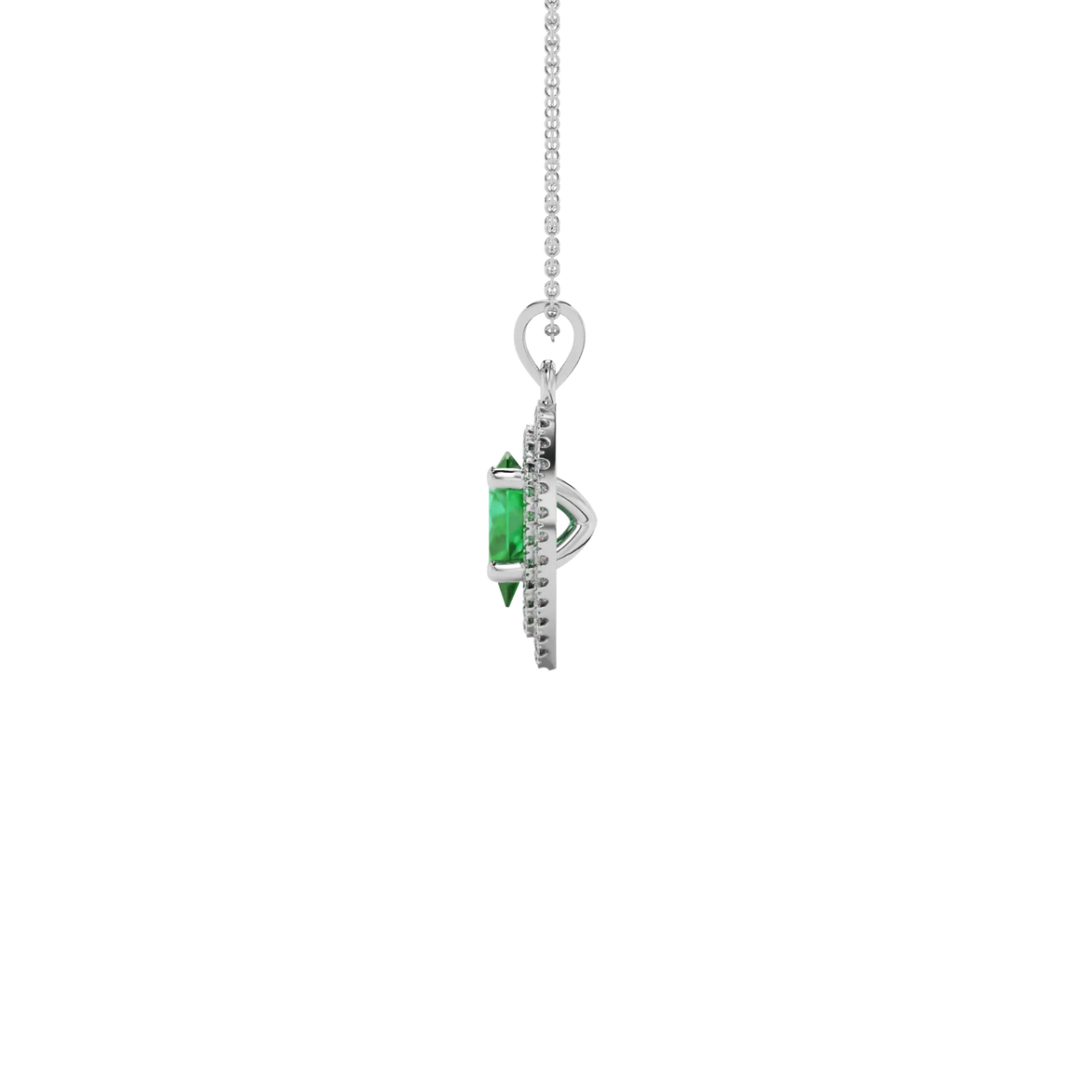 Side profile, white gold emerald green pendant, falling edge halo gallery.