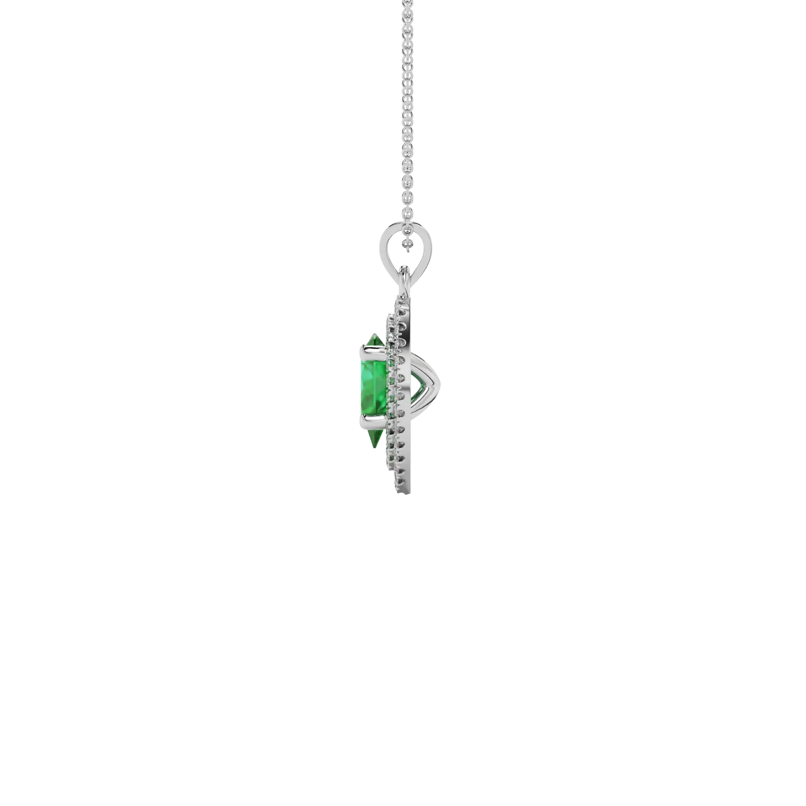 Side profile, white gold emerald green pendant, falling edge halo gallery.