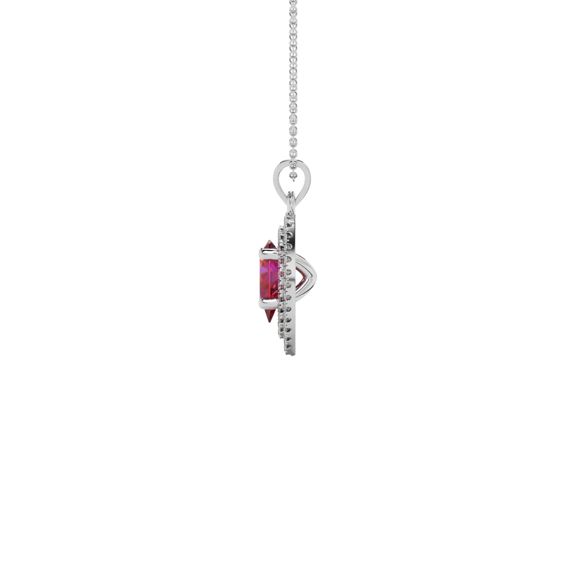Side profile, white gold raspberry red pendant, falling edge halo gallery.