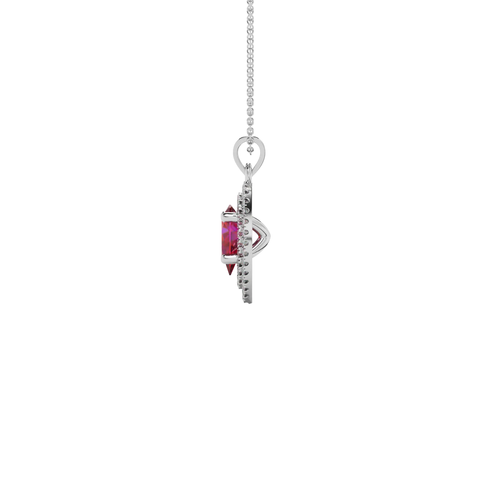 Side profile, white gold raspberry red pendant, falling edge halo gallery.