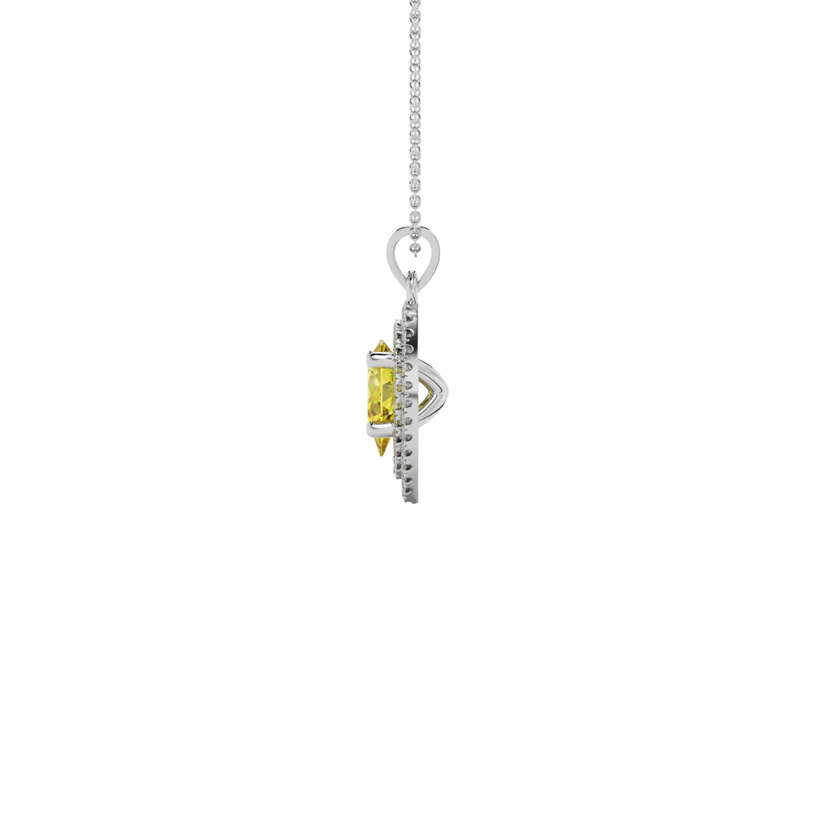 Side profile, white gold canary yellow pendant, falling edge halo gallery.