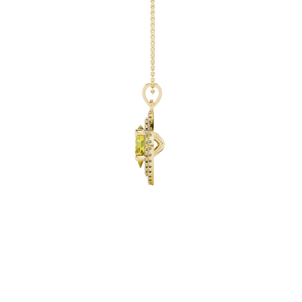 Side profile, yellow gold canary yellow pendant, falling edge halo gallery.