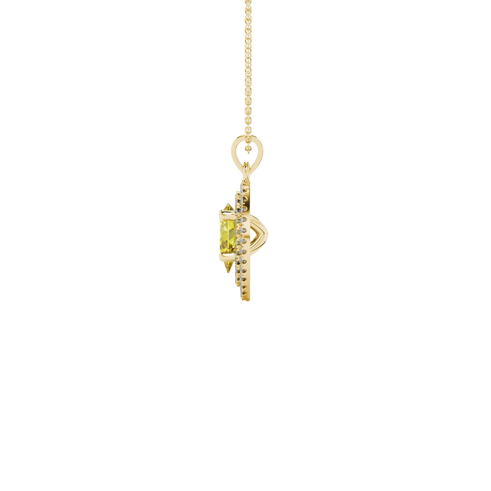 Side profile, yellow gold canary yellow pendant, falling edge halo gallery.
