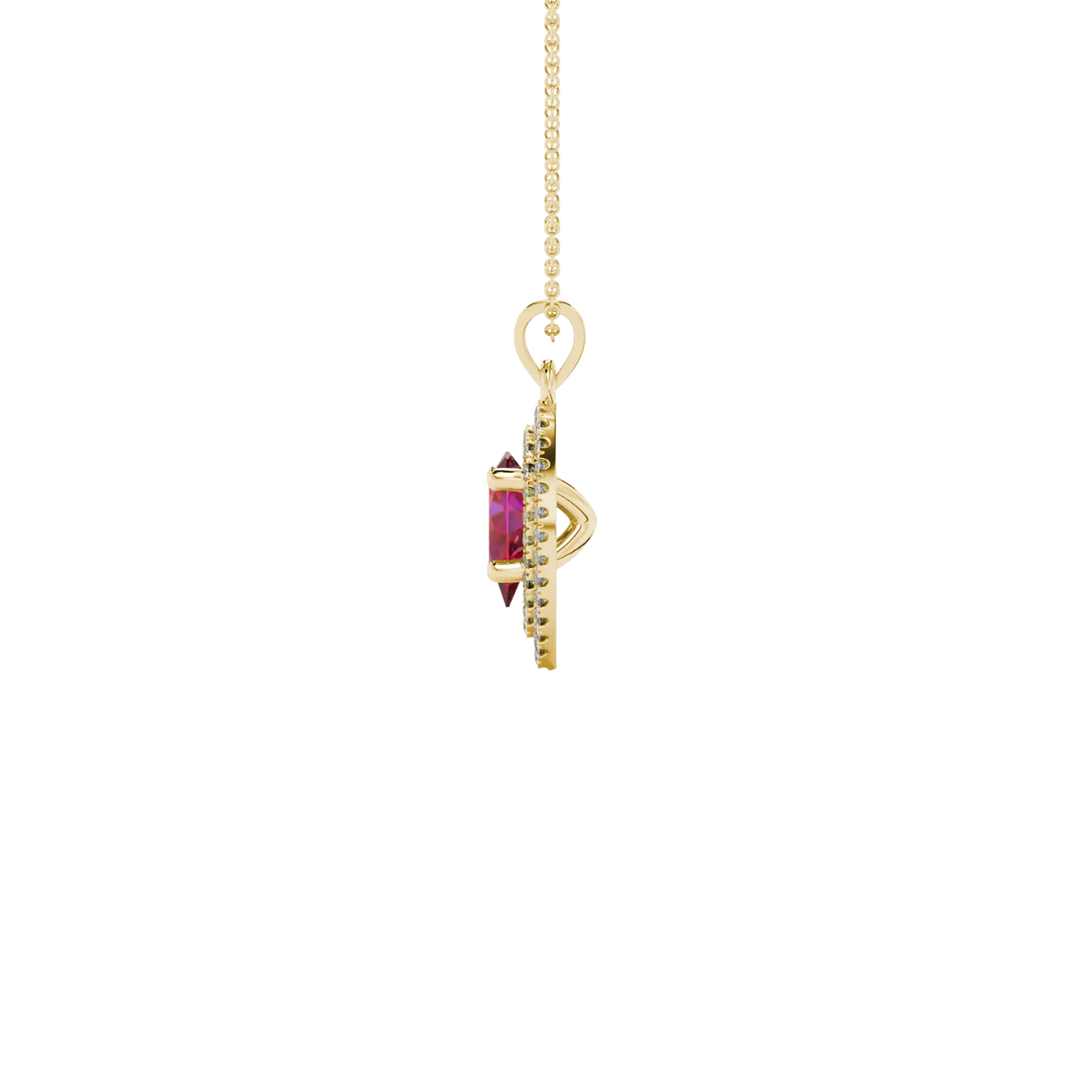 Side profile, yellow gold raspberry red pendant, falling edge halo gallery.