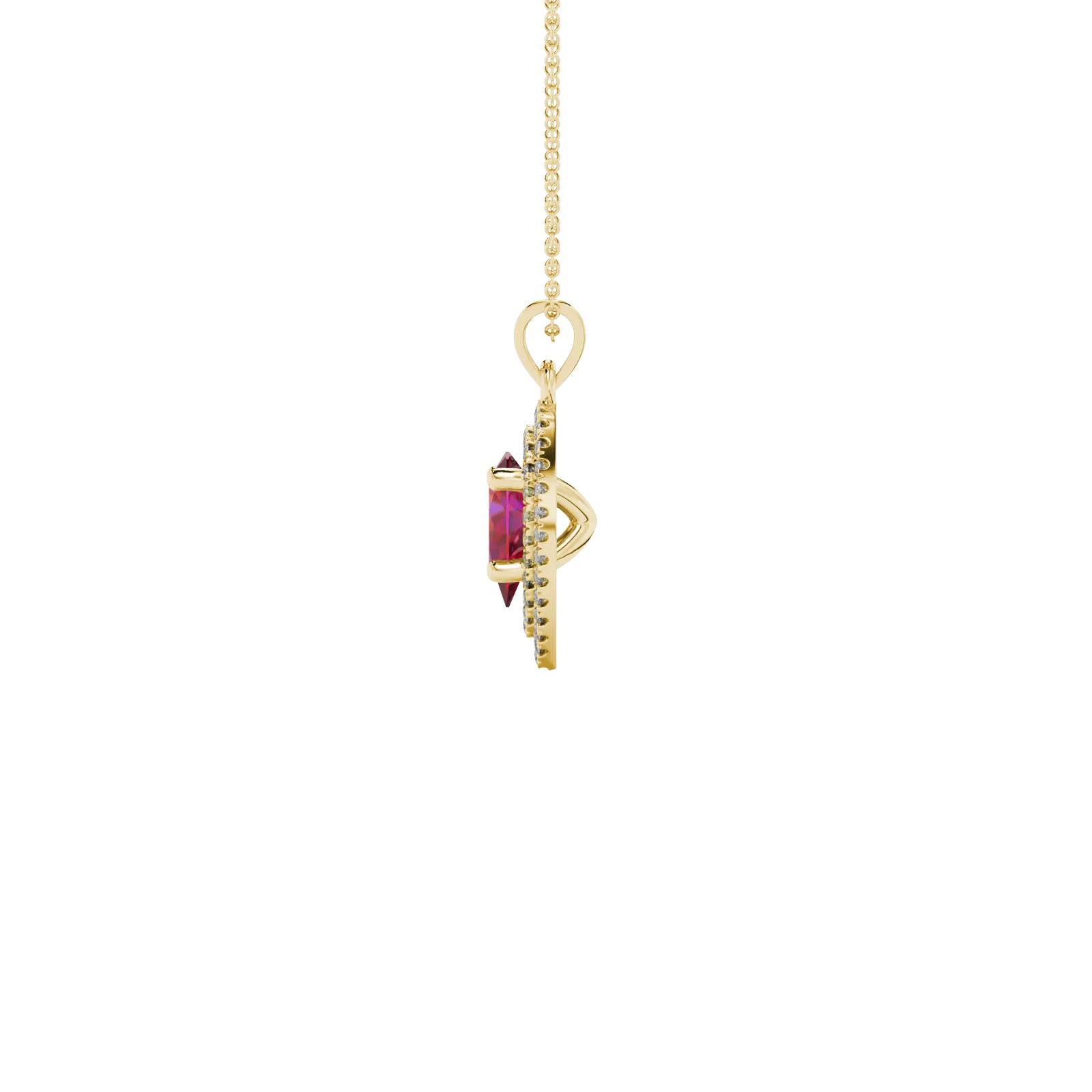 Side profile, yellow gold raspberry red pendant, falling edge halo gallery.