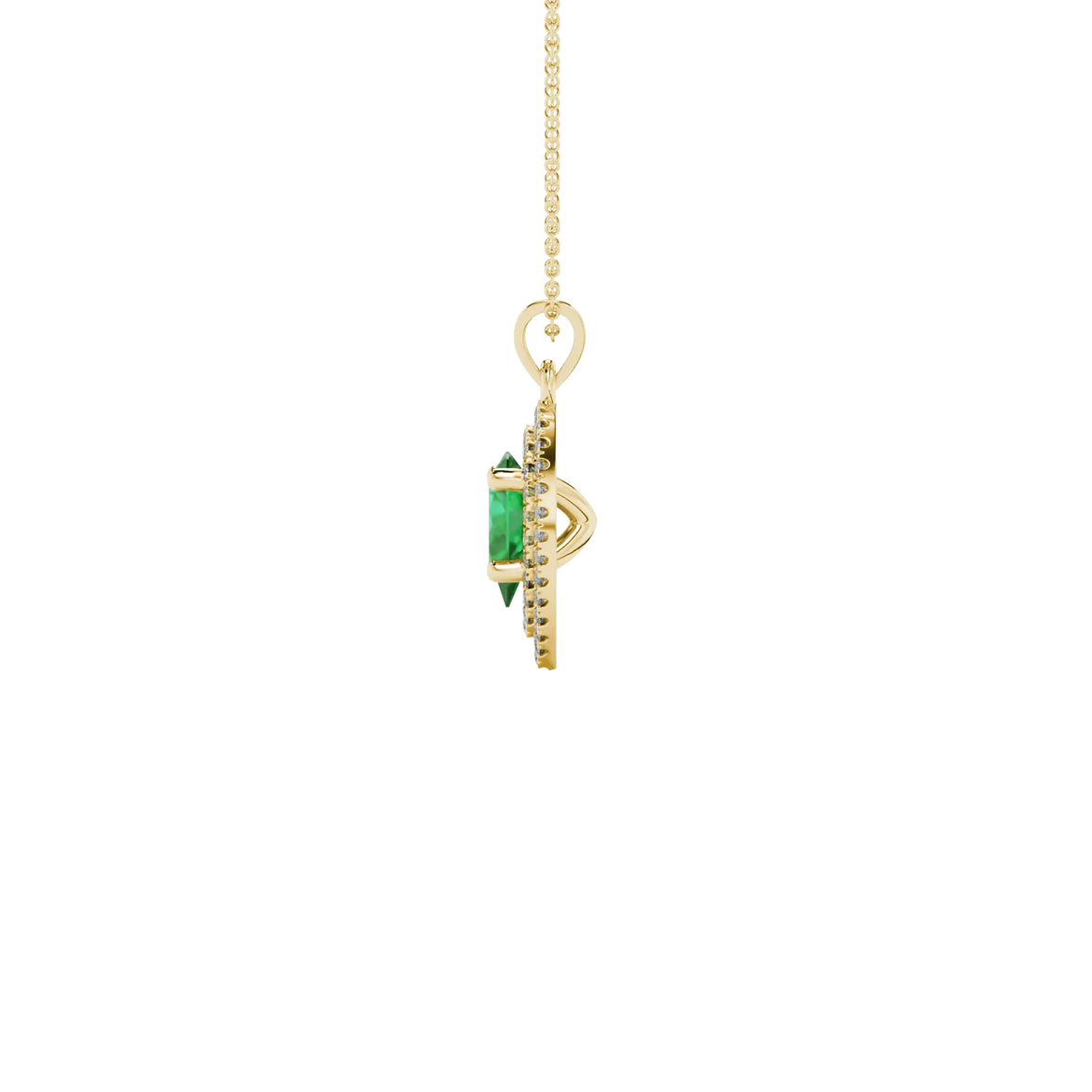 Side profile, yellow gold emerald green pendant, falling edge halo gallery.