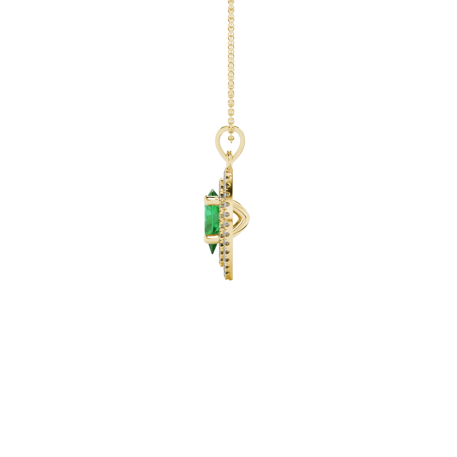 Side profile, yellow gold emerald green pendant, falling edge halo gallery.