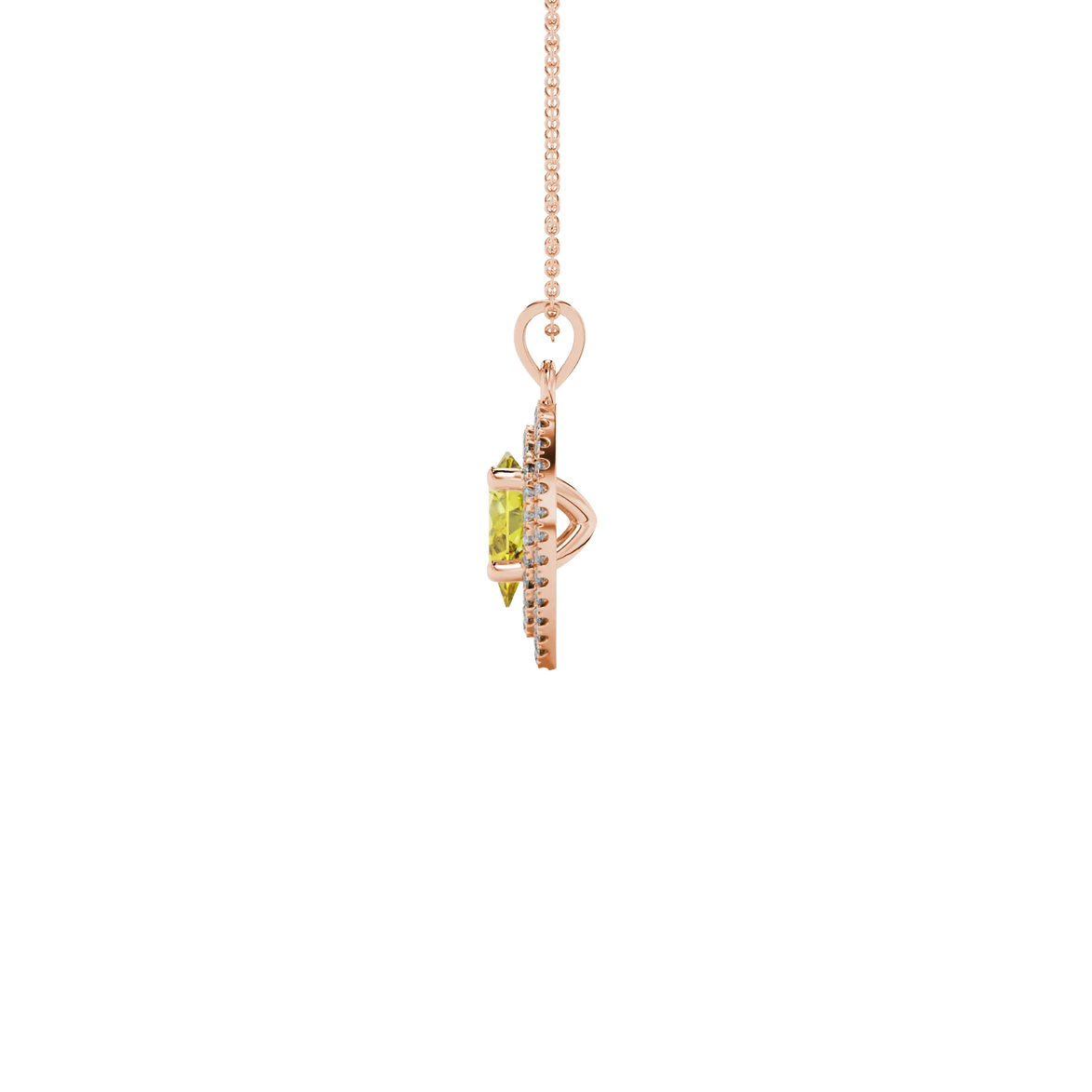 Side profile, rose gold canary yellow pendant, falling edge halo gallery.