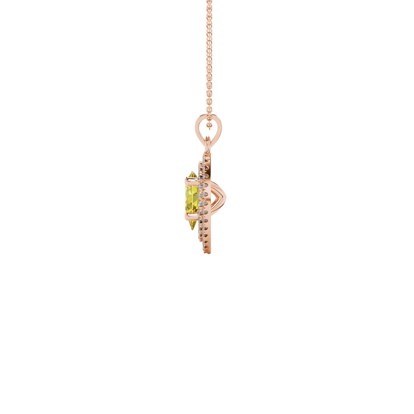 Side profile, rose gold canary yellow pendant, falling edge halo gallery.