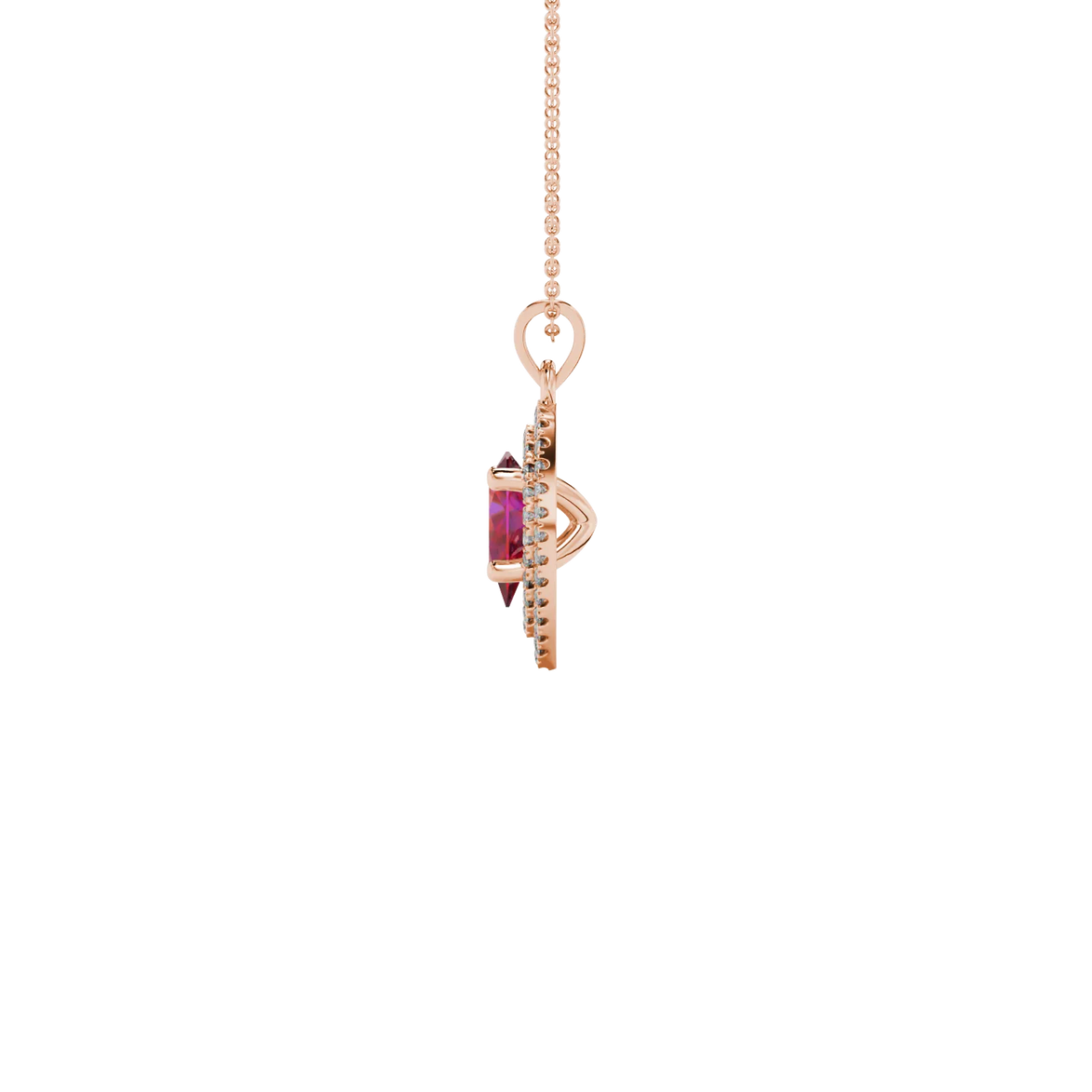 Side profile, rose gold raspberry red pendant, falling edge halo gallery.
