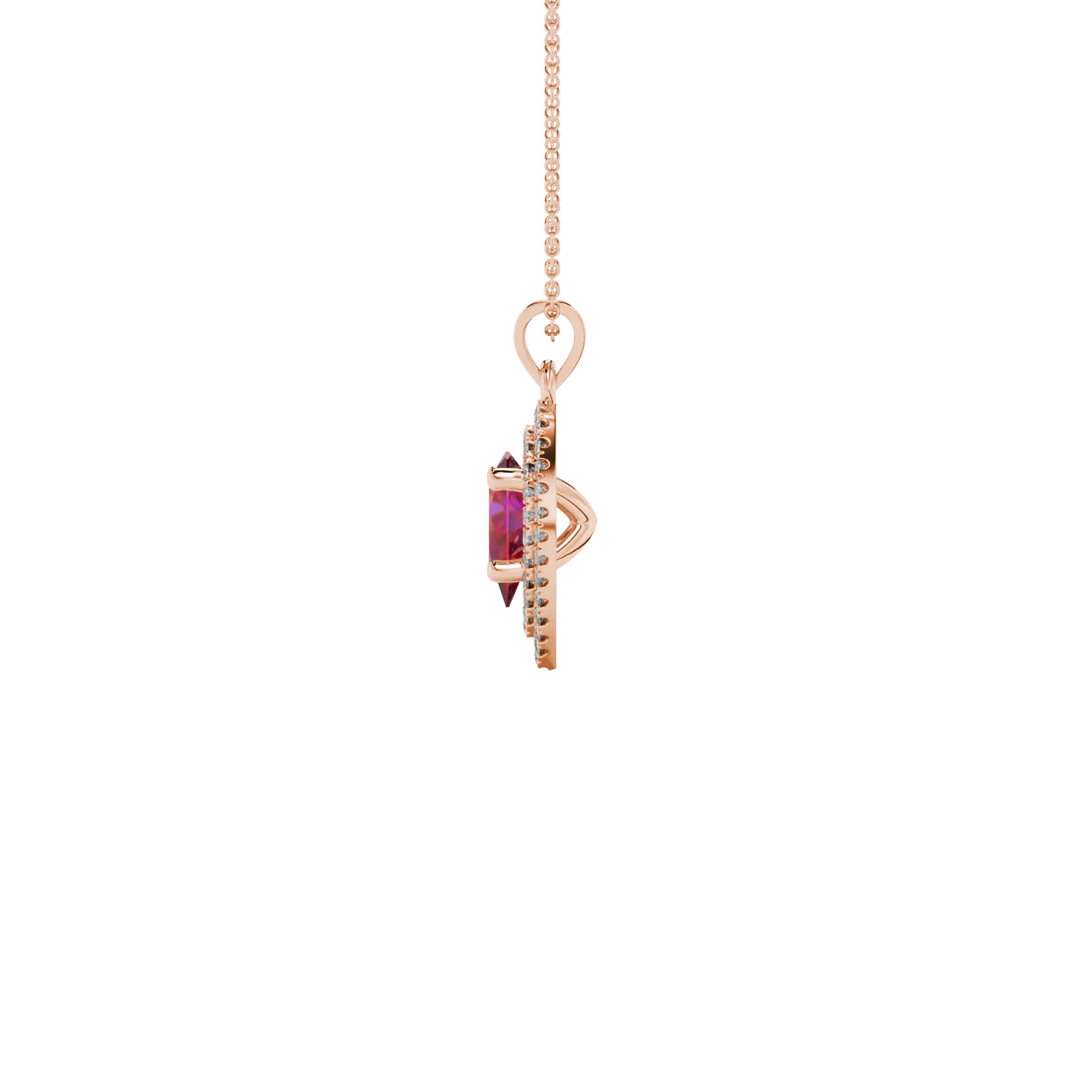 Side profile, rose gold raspberry red pendant, falling edge halo gallery.