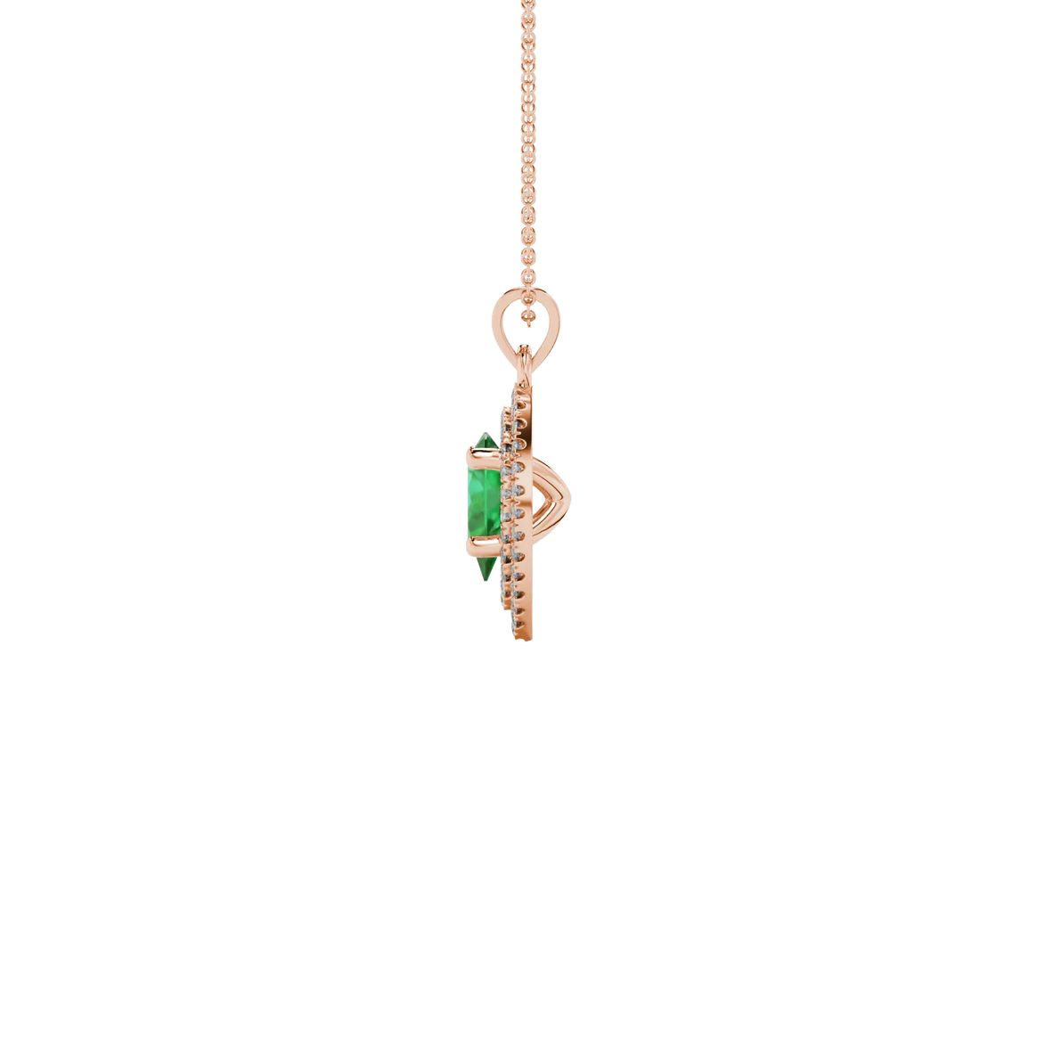 Side profile, rose gold emerald green pendant, falling edge halo gallery.