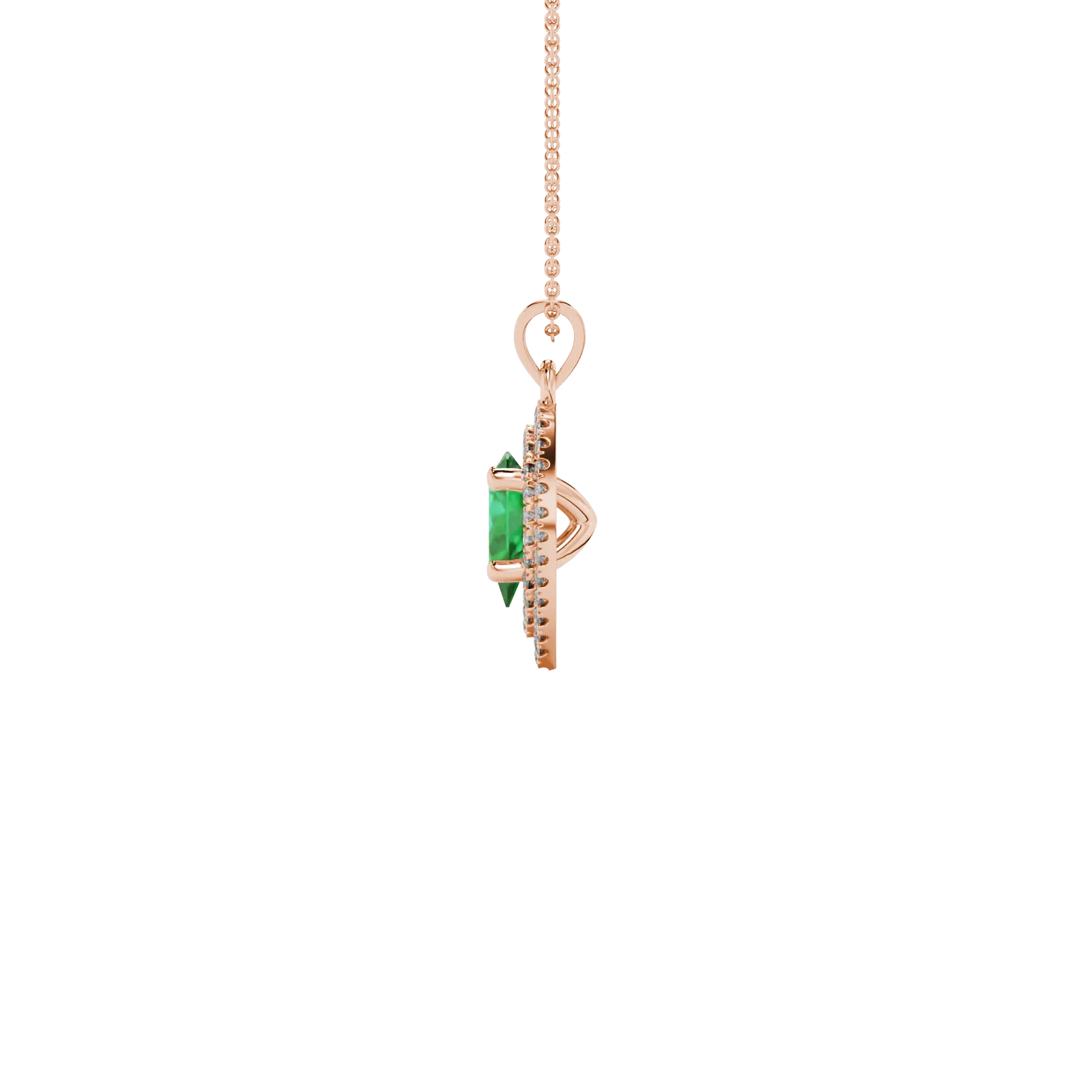Side profile, rose gold emerald green pendant, falling edge halo gallery.