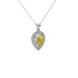 Close-up canary yellow gemstone pendant, white gold halo setting.