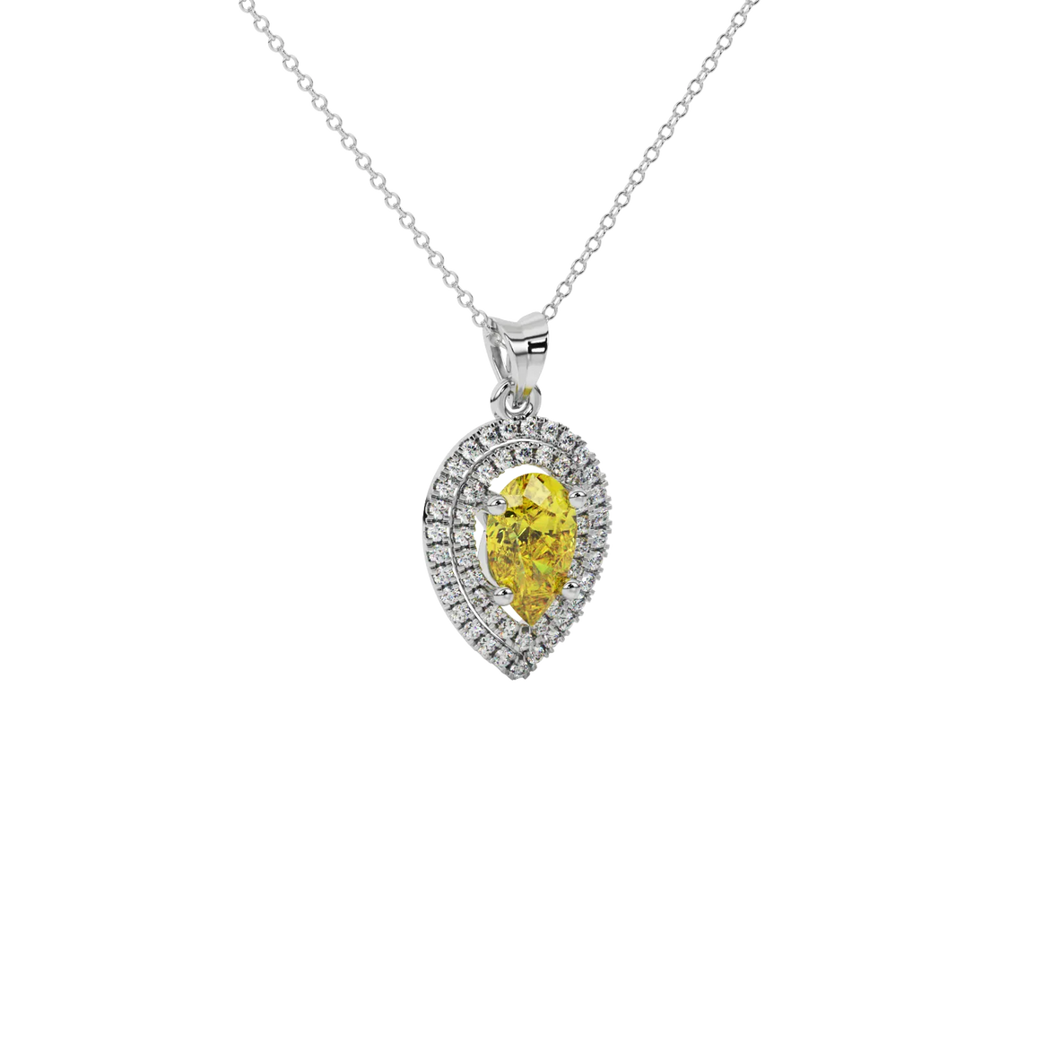 Close-up canary yellow gemstone pendant, white gold halo setting.