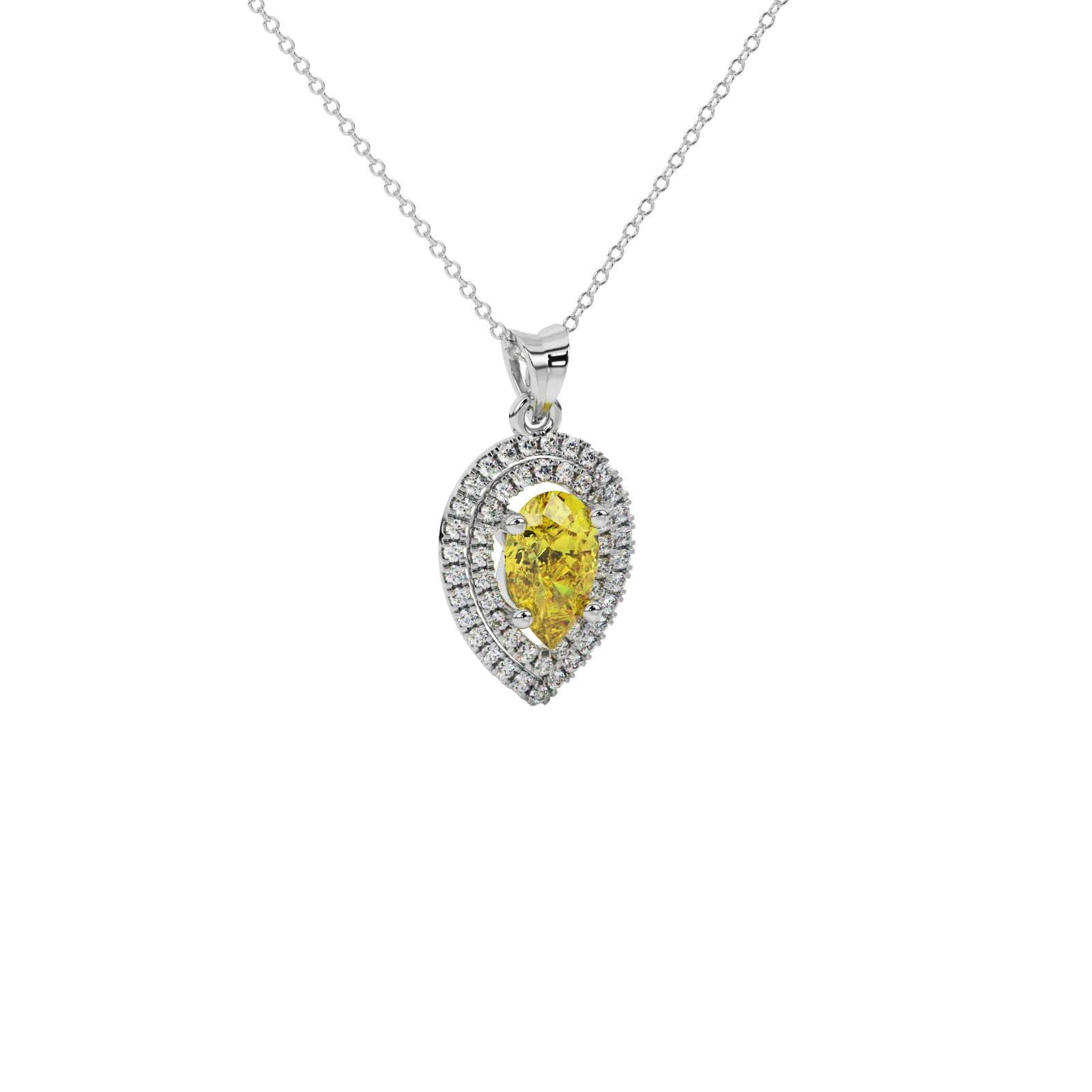Close-up canary yellow gemstone pendant, white gold halo setting.