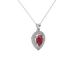 Close-up raspberry red gemstone pendant, white gold halo setting.