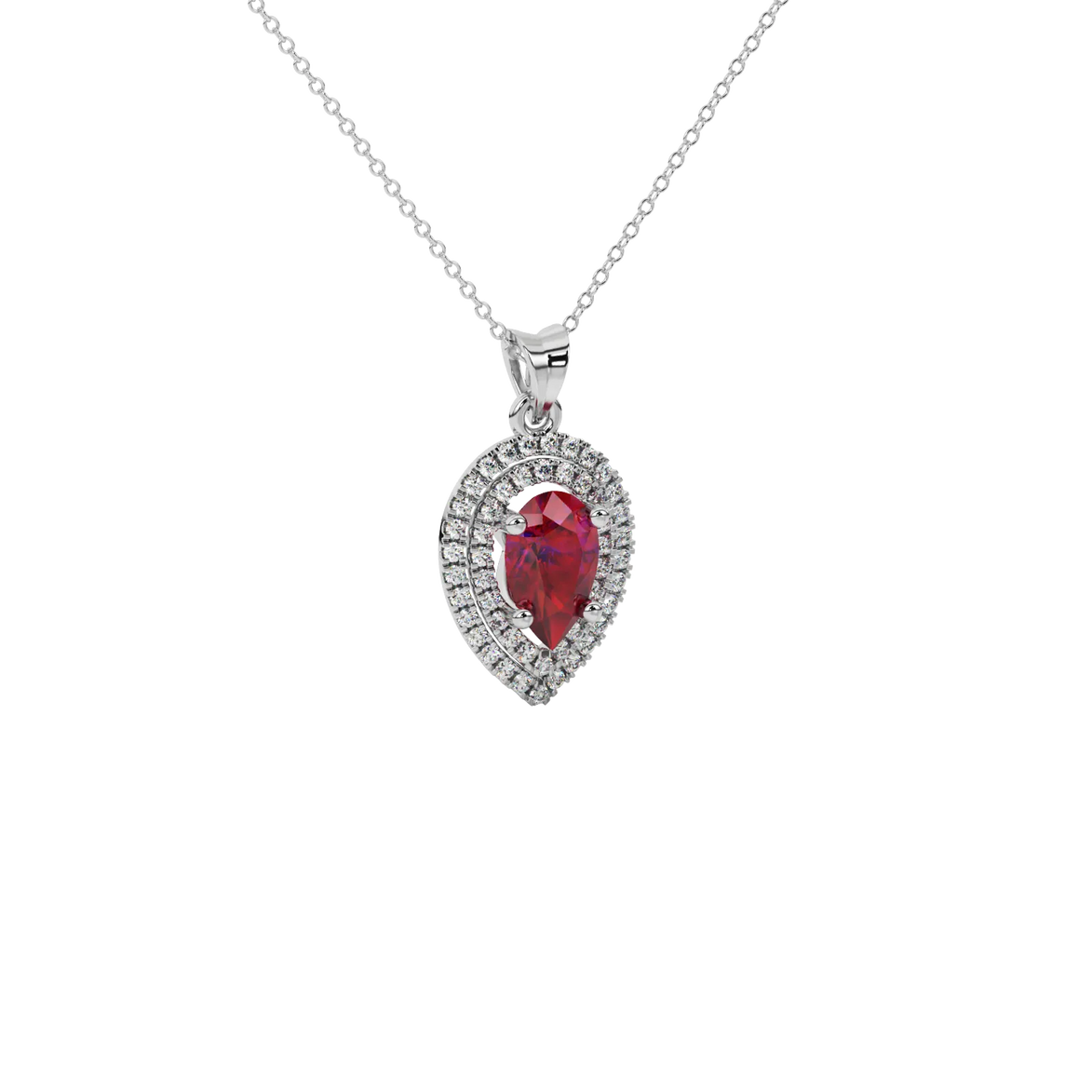 Close-up raspberry red gemstone pendant, white gold halo setting.