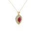 Close-up, pear shape raspberry red gemstone, yellow gold halo pendant.