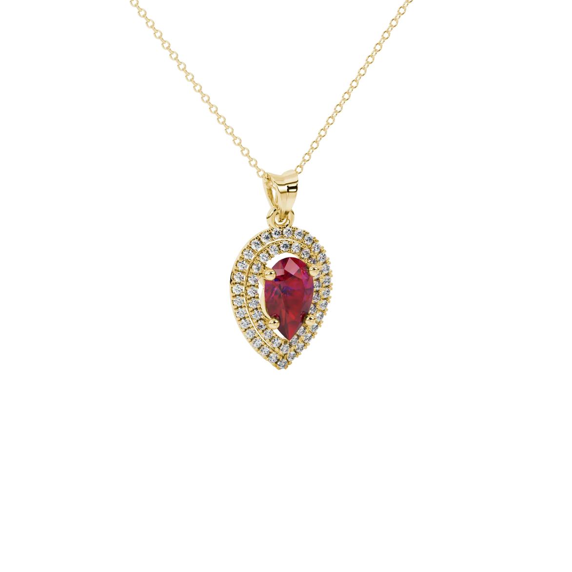 Close-up, pear shape raspberry red gemstone, yellow gold halo pendant.