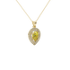 Close-up, pear shape canary yellow gemstone, yellow gold halo pendant.