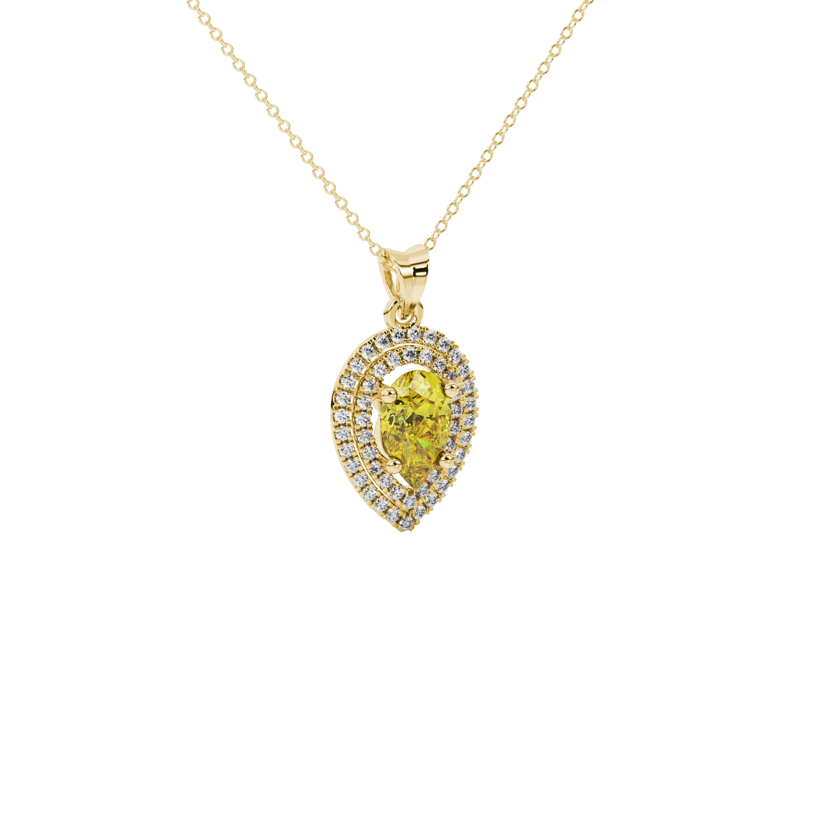 Close-up, pear shape canary yellow gemstone, yellow gold halo pendant.