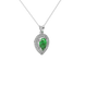 Close-up emerald green gemstone pendant, white gold halo setting.