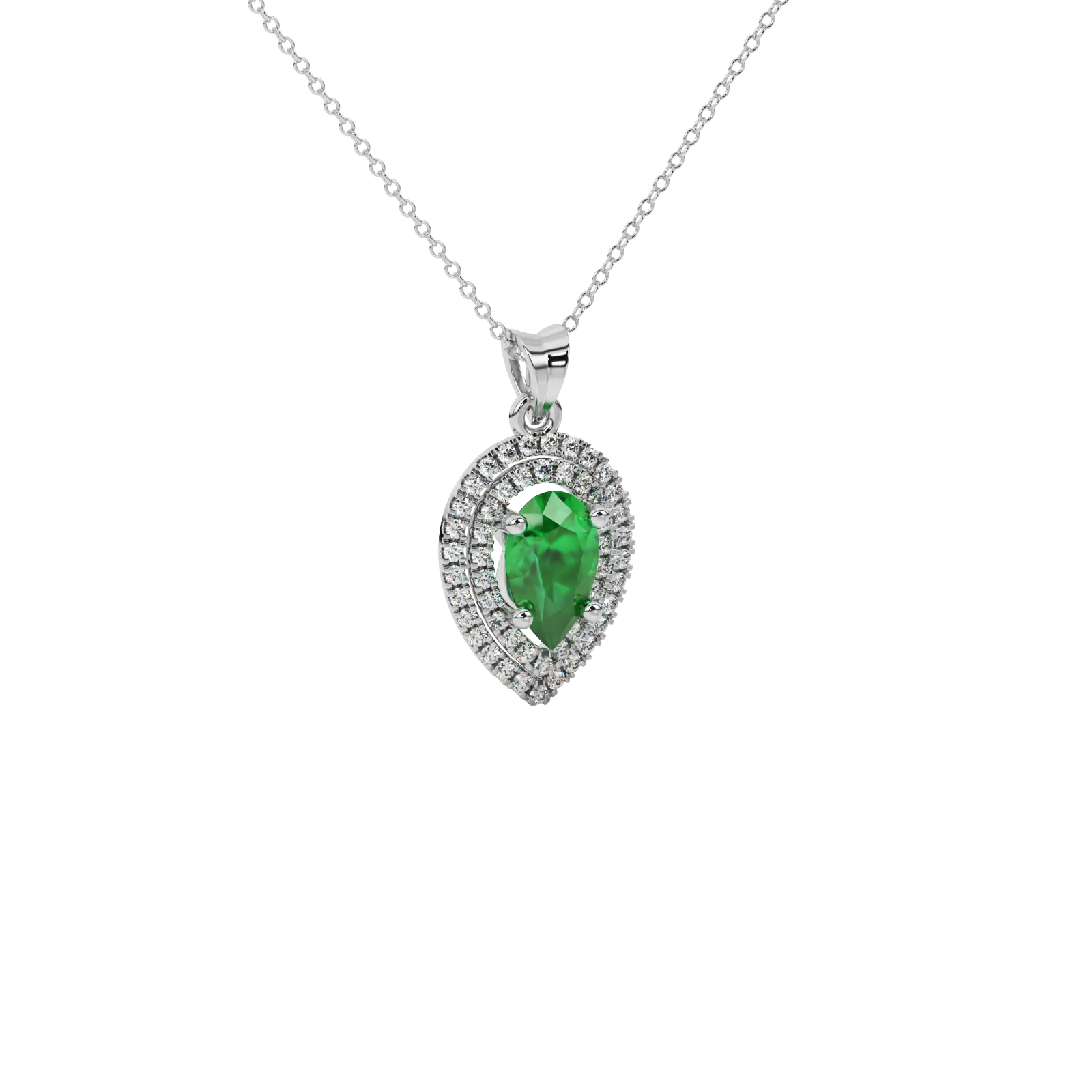 Close-up emerald green gemstone pendant, white gold halo setting.