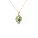 Close-up, pear shape emerald green gemstone, yellow gold halo pendant.
