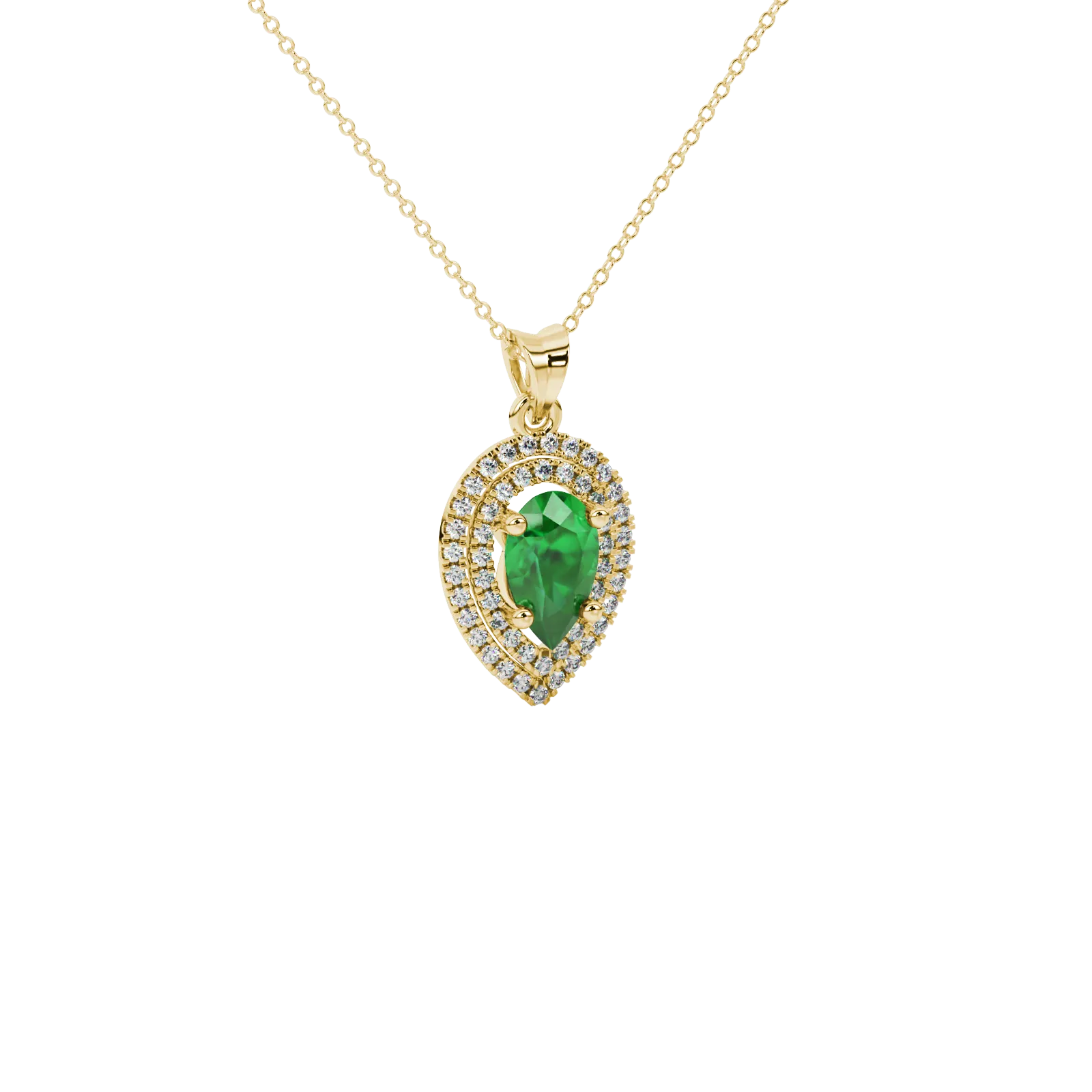 Close-up, pear shape emerald green gemstone, yellow gold halo pendant.