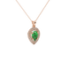 Close-up, pear shape emerald green gemstone pendant, rose gold halo setting.