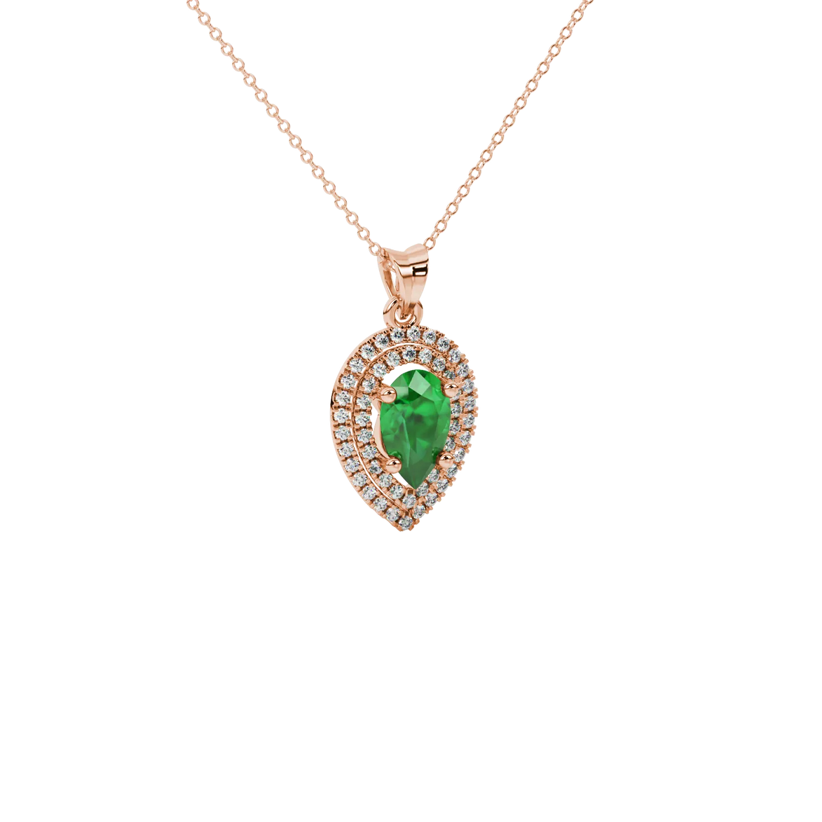 Close-up, pear shape emerald green gemstone pendant, rose gold halo setting.