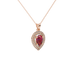 Close-up, pear shape raspberry red gemstone pendant, rose gold halo setting.