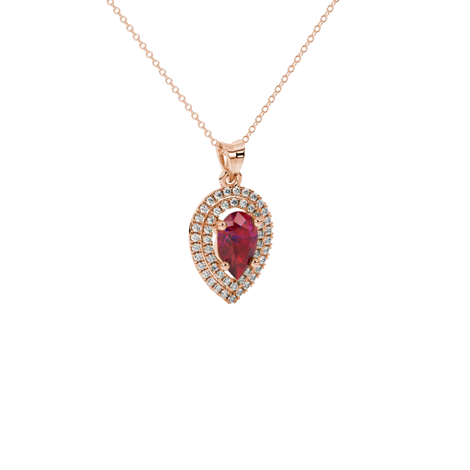 Close-up, pear shape raspberry red gemstone pendant, rose gold halo setting.