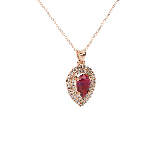 Close-up, pear shape raspberry red gemstone pendant, rose gold halo setting.